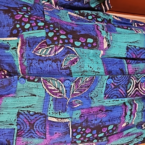 VINTAGE ALFRED DUNNER BLOUSE TOP BUTTON DOWN BLUE PURPLE 16 PALM LEAVES RETRO - Picture 4 of 8